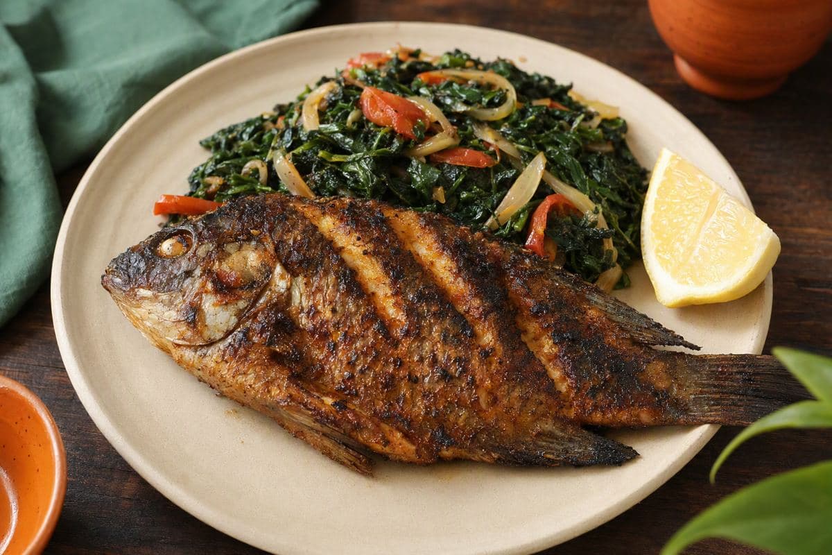 Grilled tilapia with sauteed greens