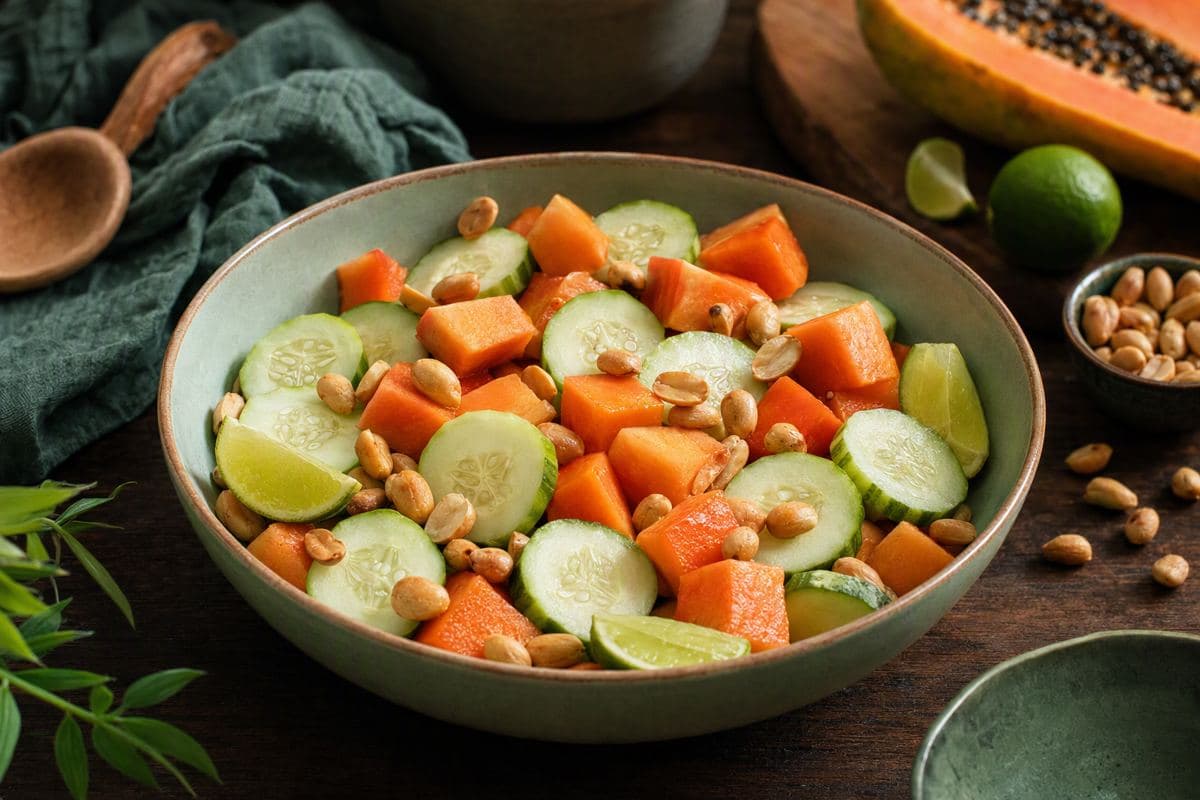 Papaya, cucumber and lime bowl with roasted groundnuts