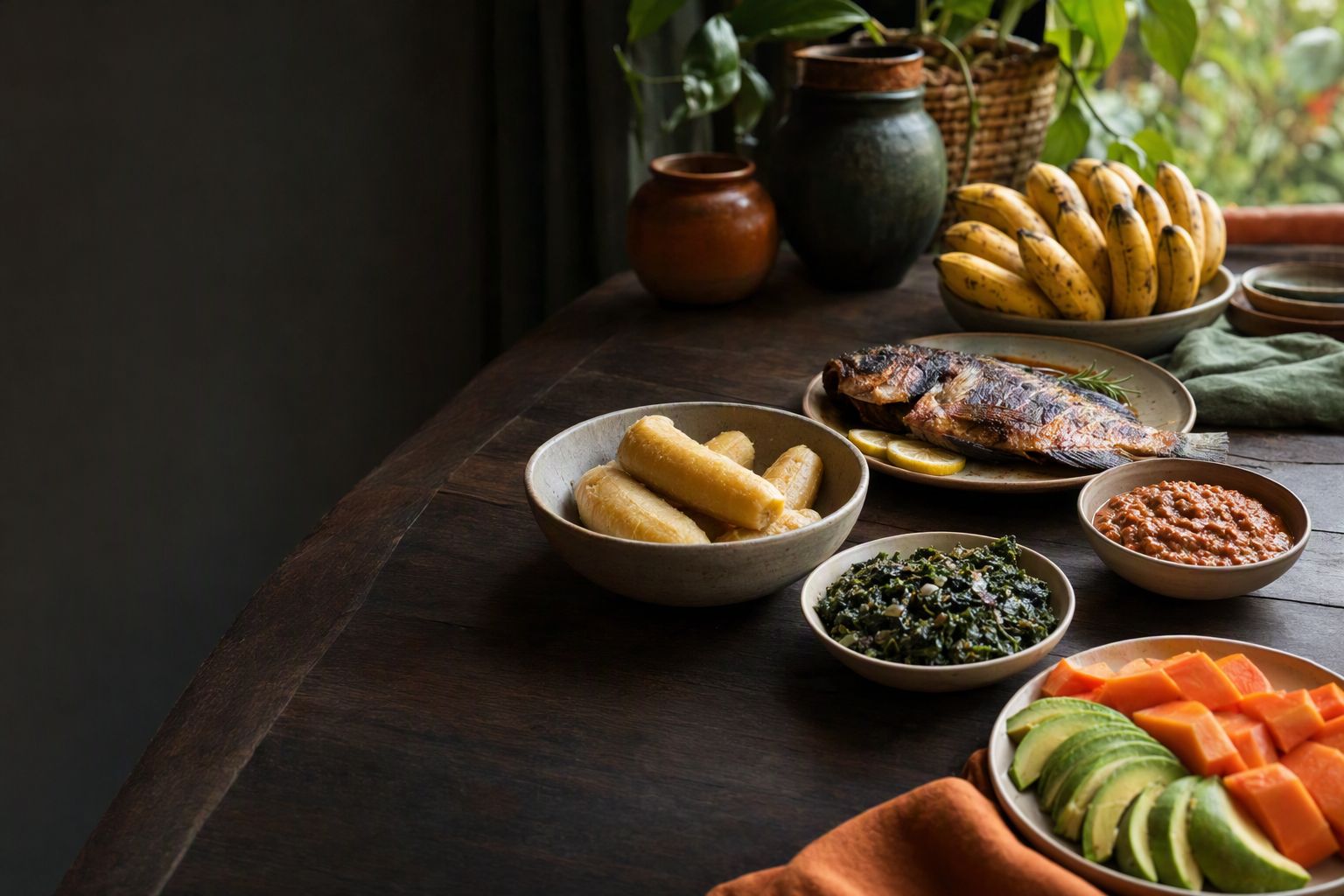 A table laid with matoke, grilled tilapia, greens, groundnut stew, papaya and bananas